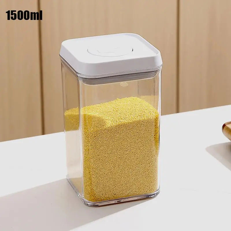 1500ml airtight food container with white push-lock lid, clear body filled with yellow grains
