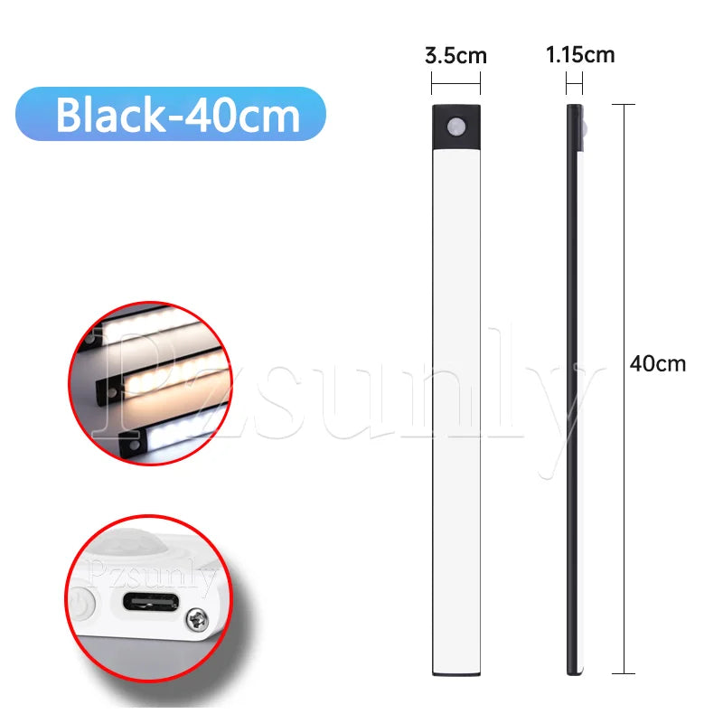Motion-sensor LED bar light, black 40cm, slim rectangular body with round sensor