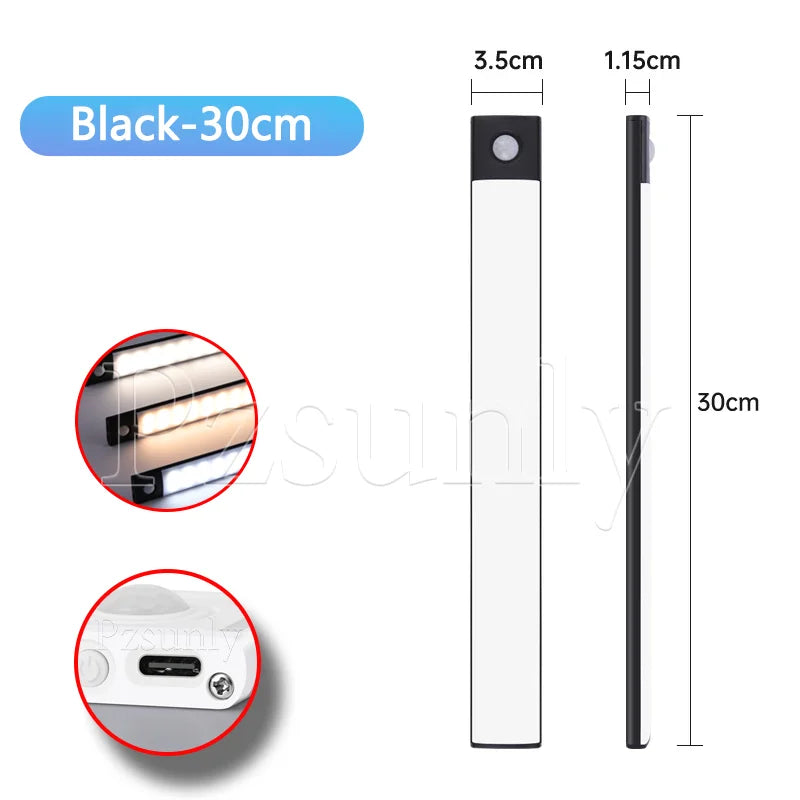 Black LED bar light, 30cm length, end cap with motion sensor shown