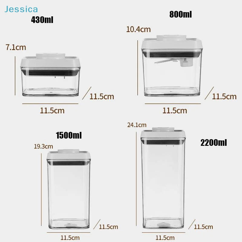 Set of airtight food containers with push-lock white lids, clear bodies and size labels