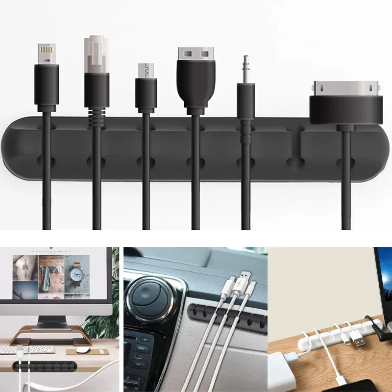Black silicone cable organizer bar with upright slots for multiple USB cable connectors