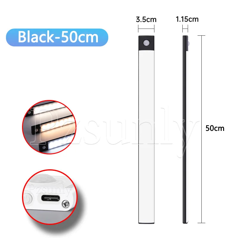 Motion-sensor LED bar light, black 50cm, slim rectangular body with round sensor