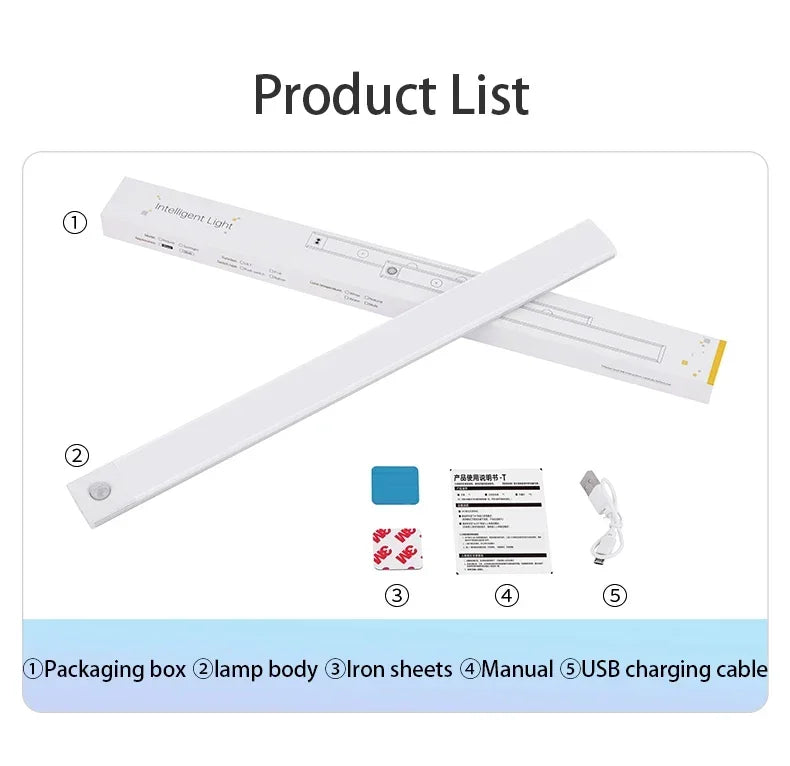 LED bar light kit with lamp body, iron sheets, manual, and USB charging cable