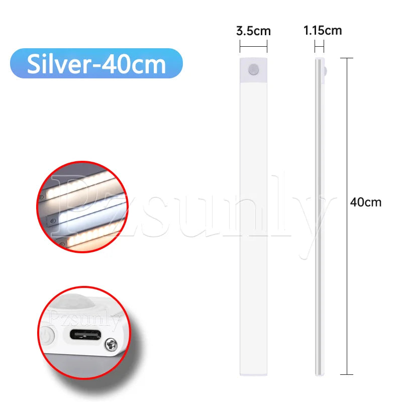 Motion-sensor LED bar light, silver 40cm, slim rectangular body with round sensor