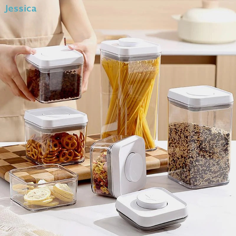 Airtight food storage containers with push-lock white lids, clear bodies and hand opening