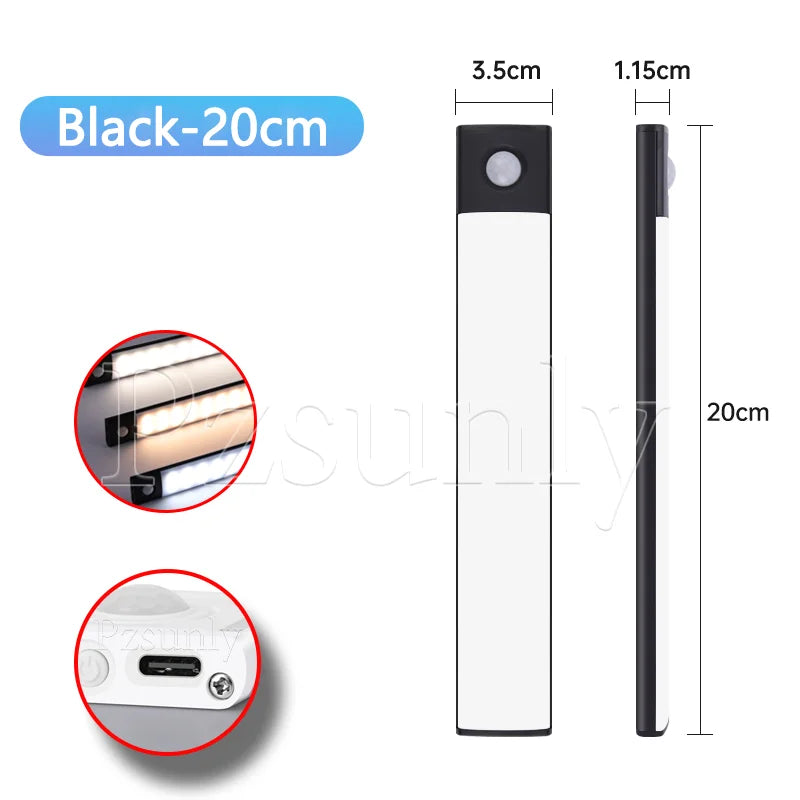Motion-sensor LED bar light, black 20cm, slim rectangular body with round sensor