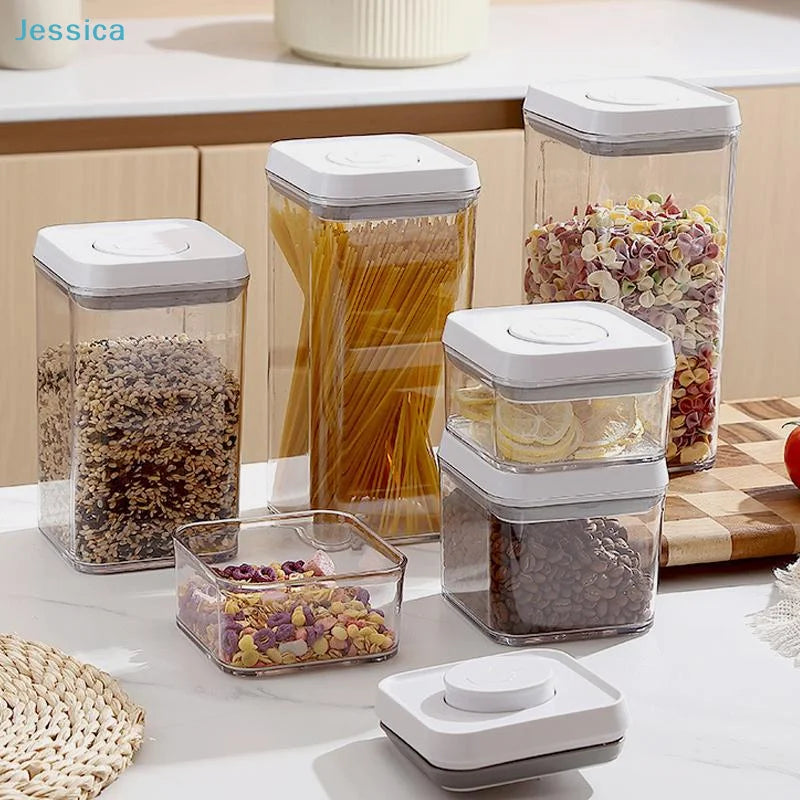 Airtight stackable food containers, clear walls, white push-lock lids