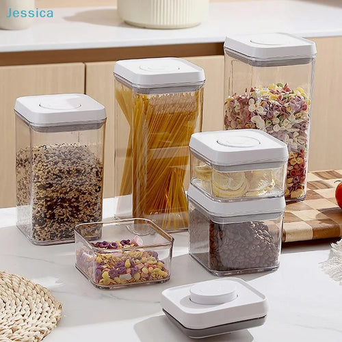 Airtight stackable food containers, clear walls, white push-lock lids