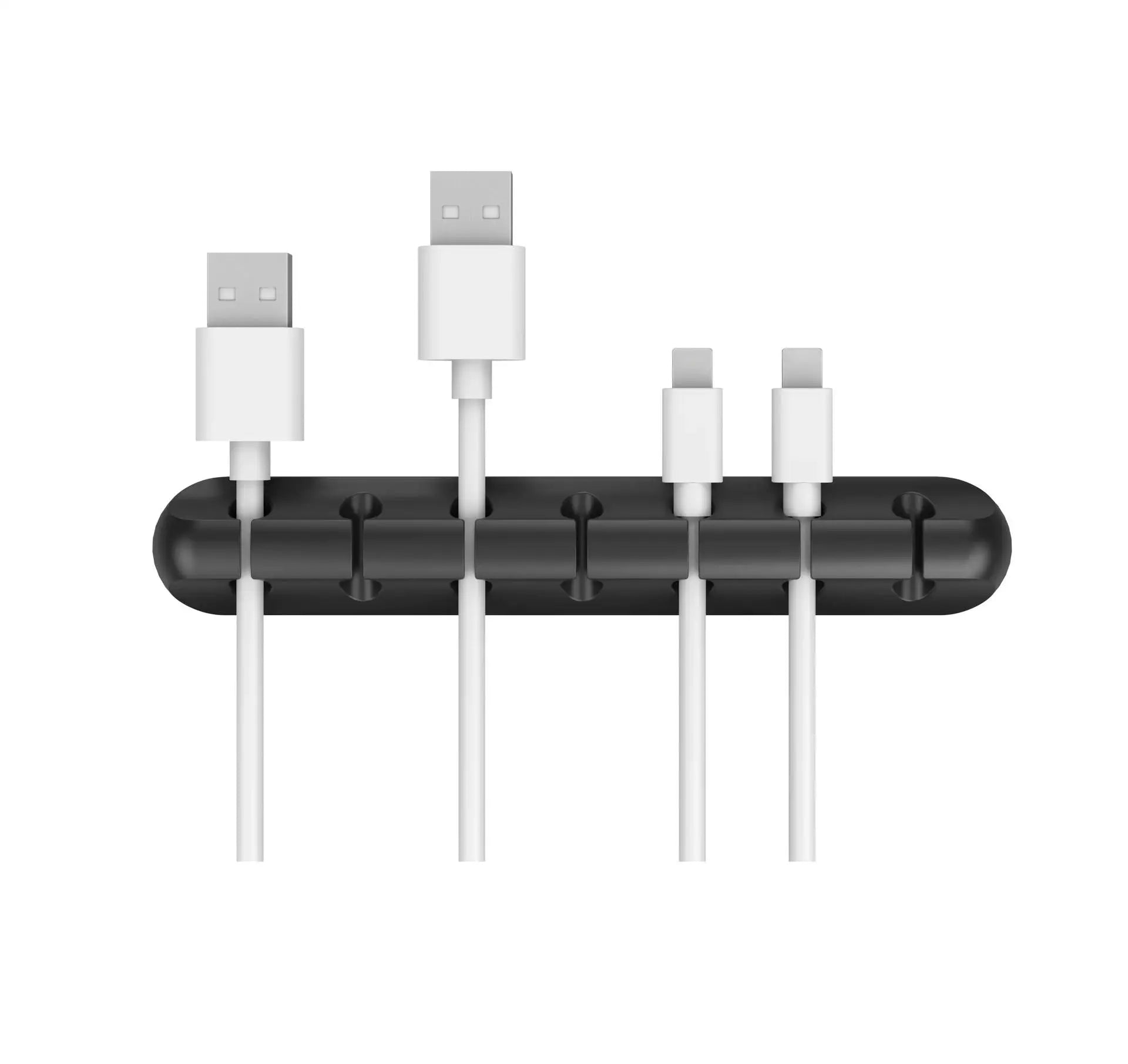 Black silicone cable organizer with multiple slots for white USB charging connectors
