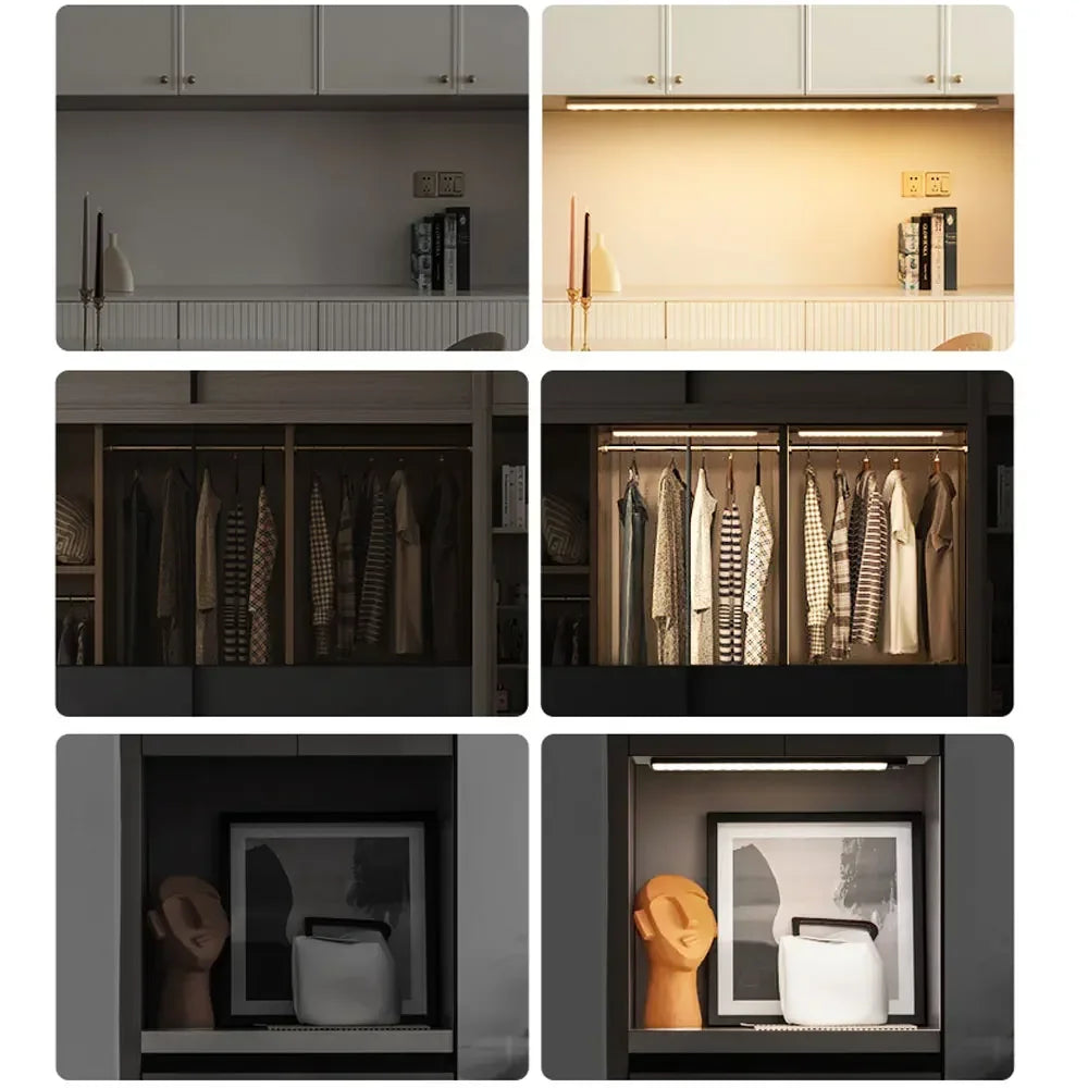 LED bar light in closet and cabinet setups, shown with different lighting scenes