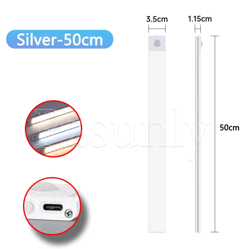 Motion-sensor LED bar light, silver 50cm, slim rectangular body with round sensor