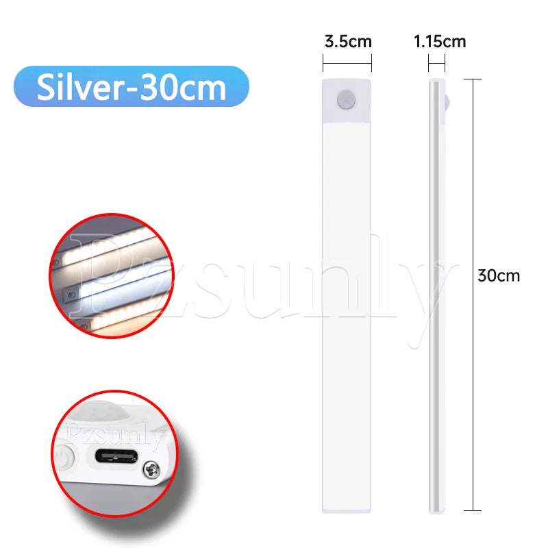 Silver LED bar light, 30cm length, end cap with motion sensor shown