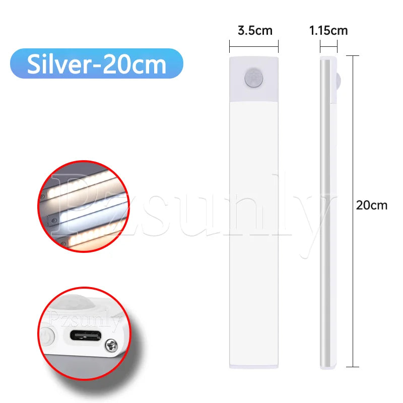 Motion-sensor LED bar light, silver 20cm, slim rectangular body with round sensor