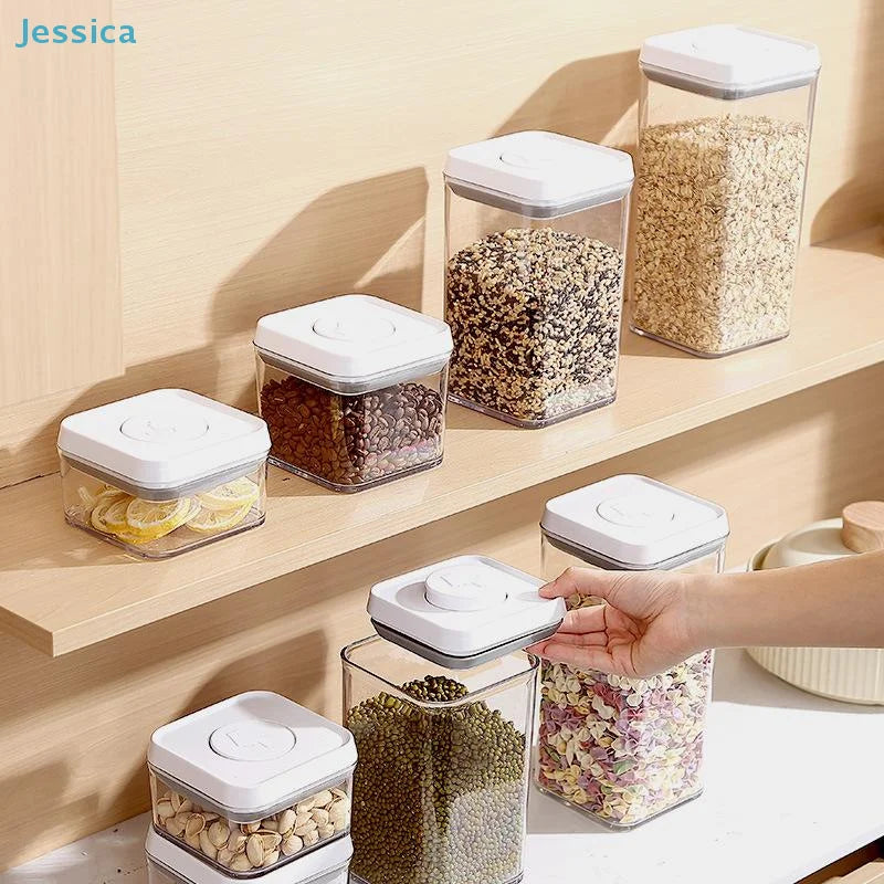 Airtight food storage containers with white push-lock lids, clear bodies on wooden shelf
