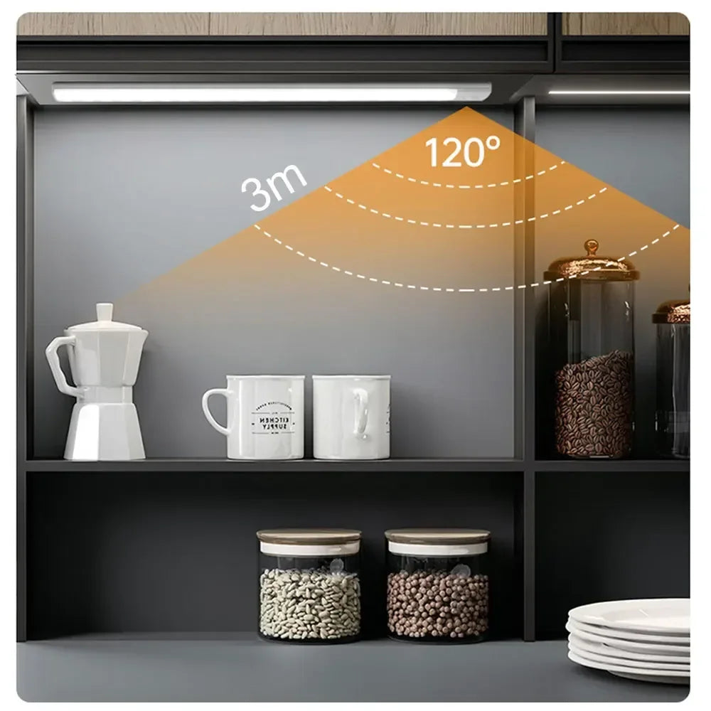 Under-shelf LED bar light casting bright illumination across a kitchen shelf