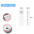 Silver LED bar light, 10cm length, end details with motion sensor and charging port