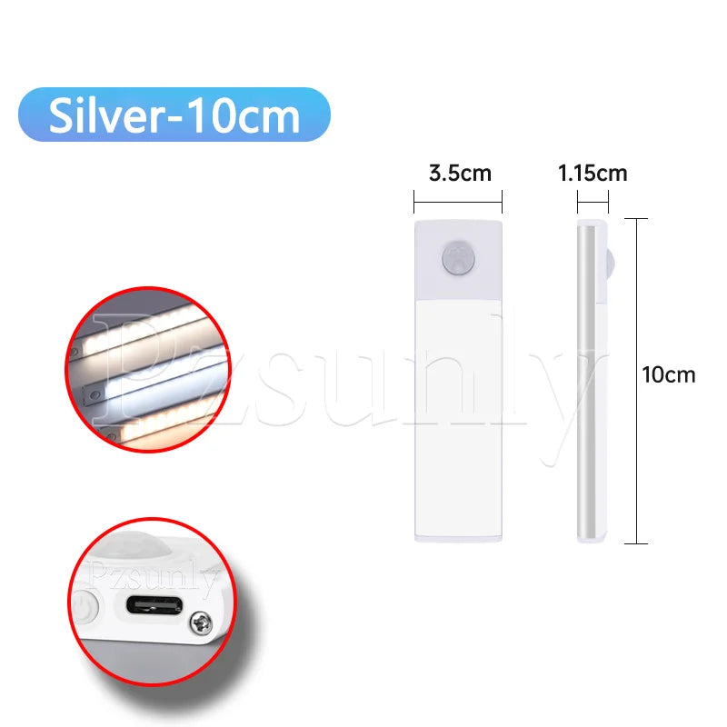 Silver LED bar light, 10cm length, end details with motion sensor and charging port