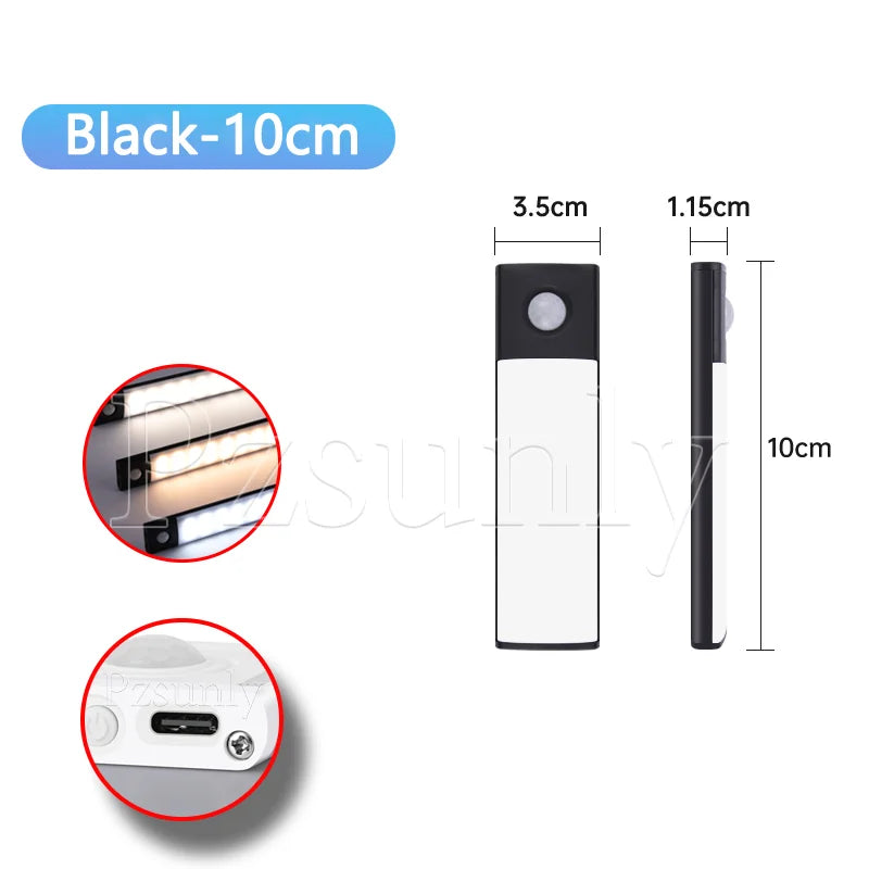 Black LED bar light, 10cm length, end details with motion sensor and charging port